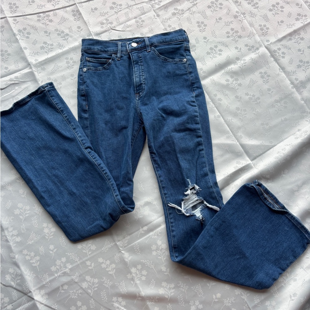 Classic High-Rise Dark Blue Flare Distressed Women's Jeans